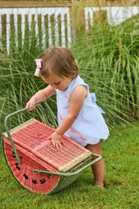 Little English traditional children's clothing.  Blue gingham set for baby girls with scallop bow back top with all-over watermelon embroidery and coordinating ruffled bloomer
