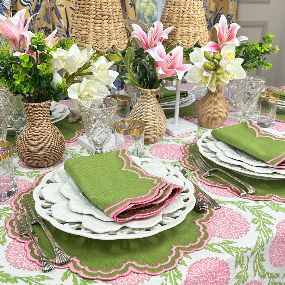 Green placemat with pink embroidery, luxury placemat, pink and green tablescape