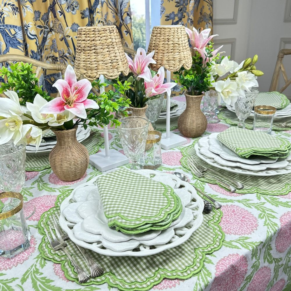 Green gingham placemat with green embroidery, Green gingham napkin with green embroidery, embroidered placemat, embroidered napkin, pink and green tablescape