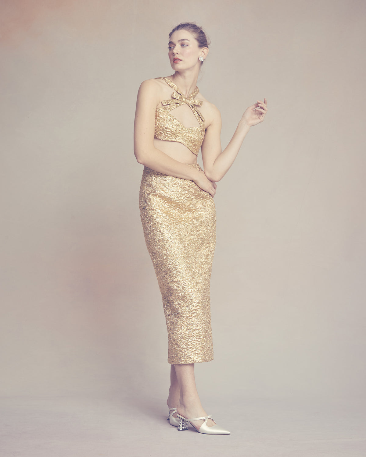 Olivia Bow Top in Gold Brocade