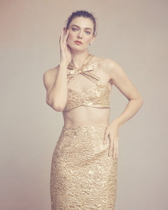 Effie Pencil Skirt in Gold Brocade