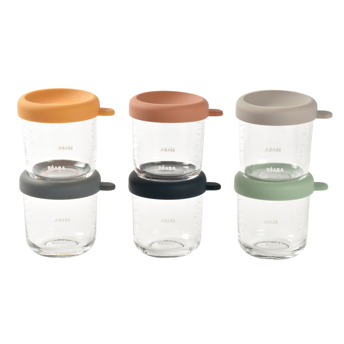Front view of six 8-ounce glass baby food jars with colorful silicone lids and measurement markings on a white background