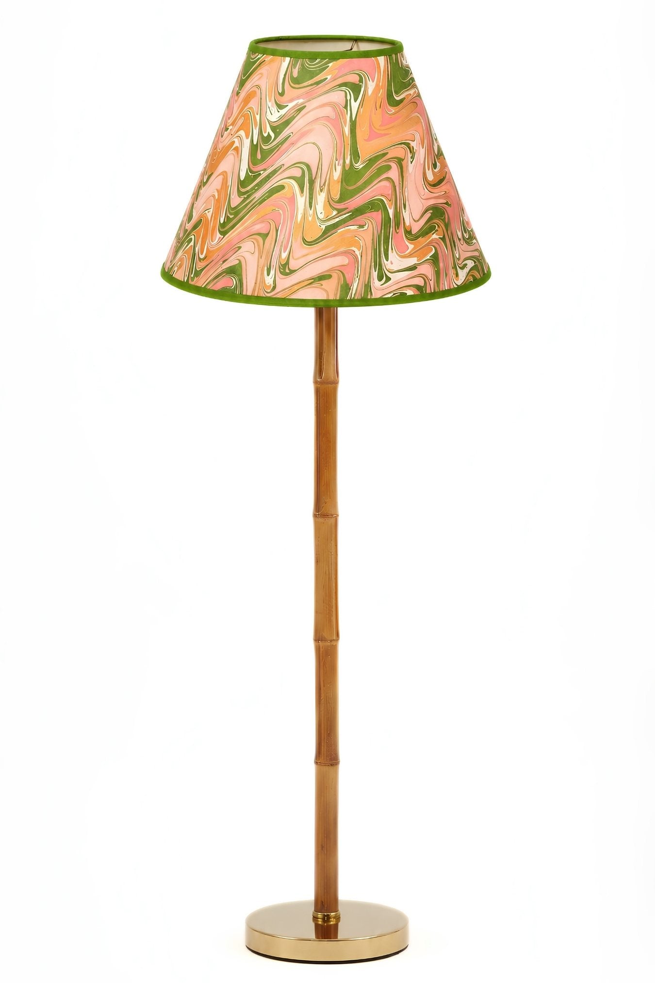 16" hand-marbled empire lampshade with pink/orange/green peony bloom pattern, green-trimmed fabric