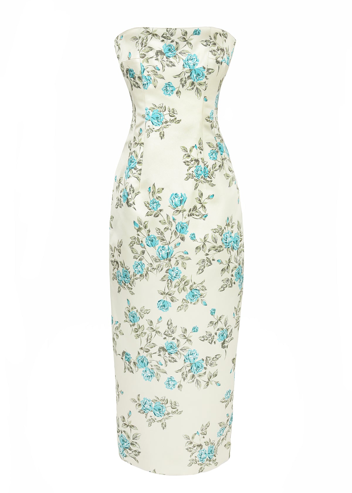Front view of Leila Floral Dress in Blue Turquoise, a strapless dress with blue floral pattern on white