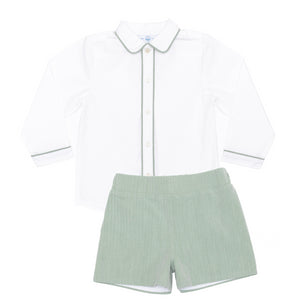 Henry Duvall Sullivan Shorts Set for toddler boys in sage herringbone, heirloom outfit with rounded collar shirt, classic English-inspired boys clothing