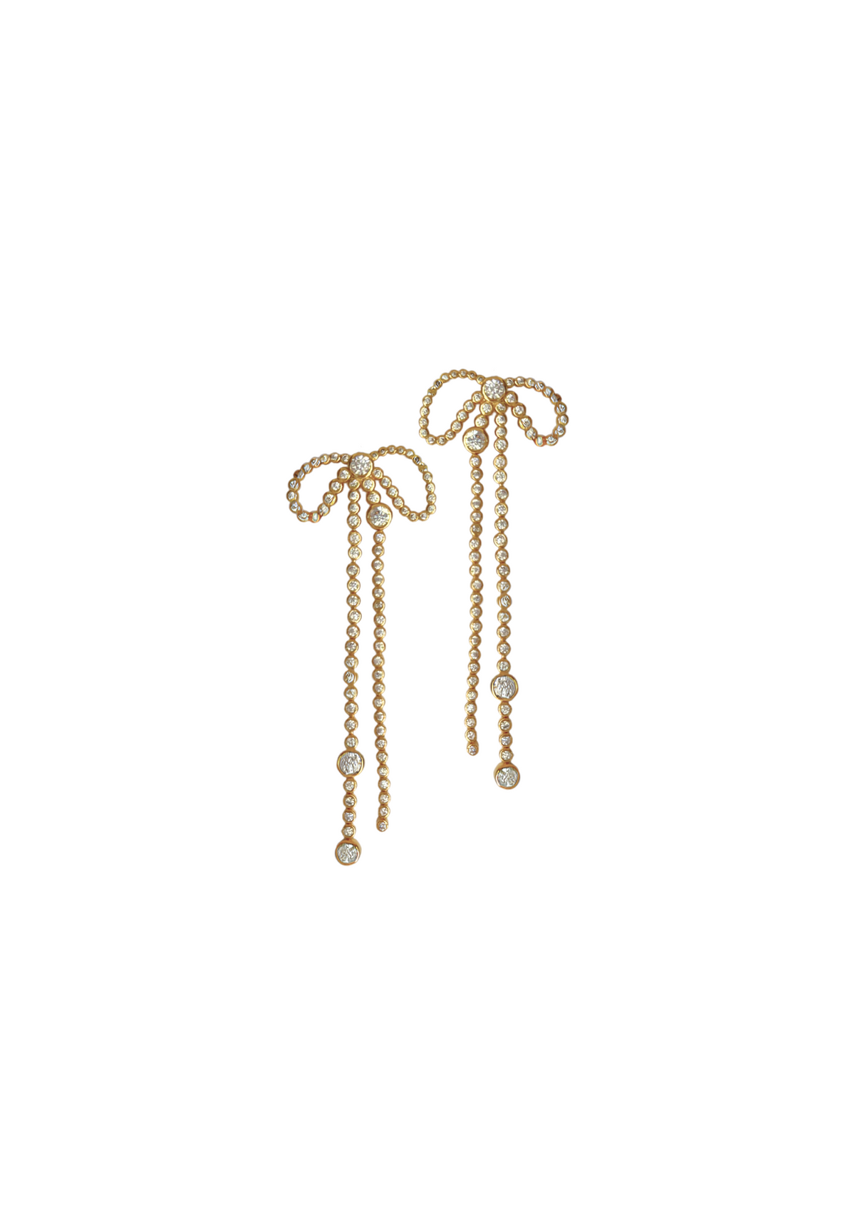 Front view of The Vivienne gold-plated drop earrings with bow-shaped tops and long beaded glass crystal dangles on white