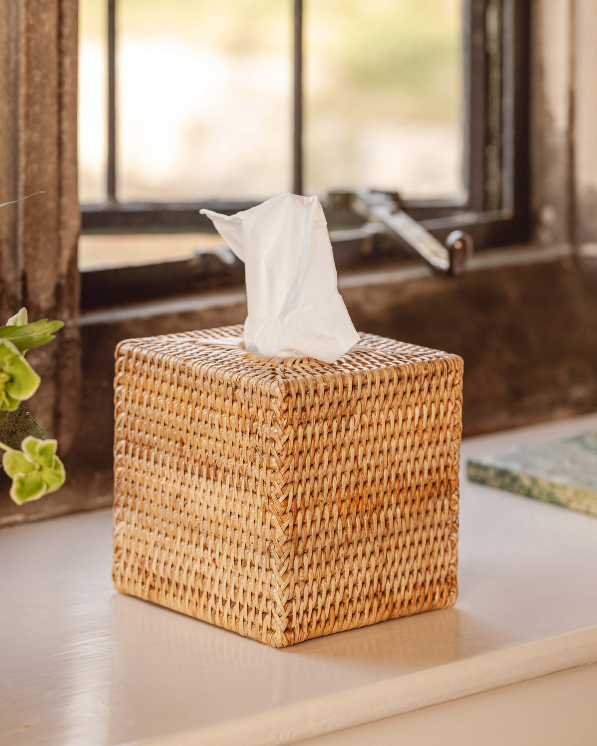 Rebecca Udall, handwoven rattan wicker square tissue box cover, natural light brown