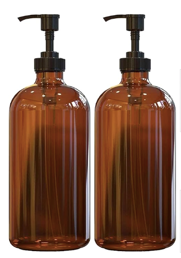 16 OZ Thick Amber Glass Soap Dispenser with Plastic Pump 2 Pack, Hand and Dish Soap Dispenser Set for Bathroom with 6 Waterproof Labels