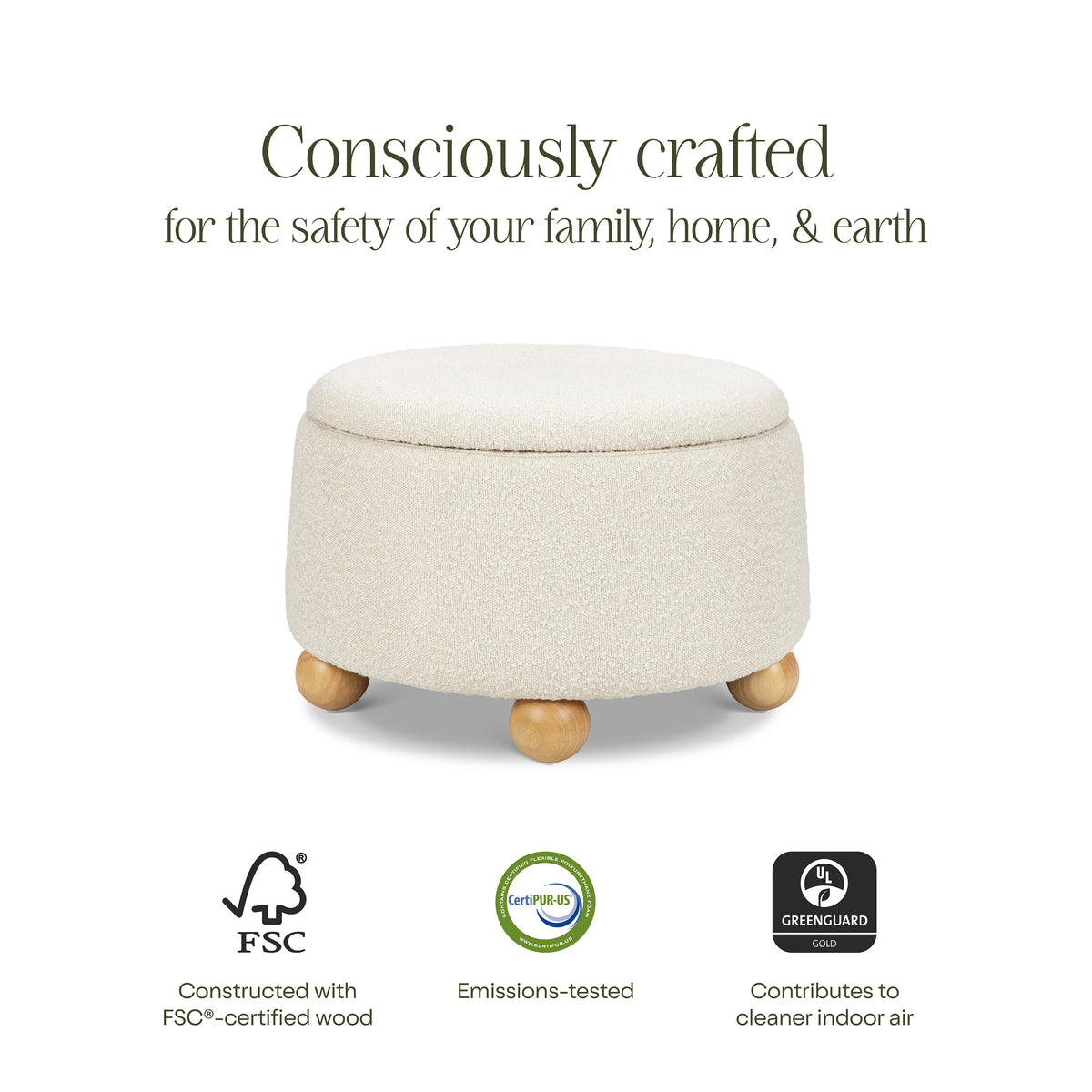 Tuffet Storage Ottoman in Performance Ivory Boucle with Honey Ball Feet