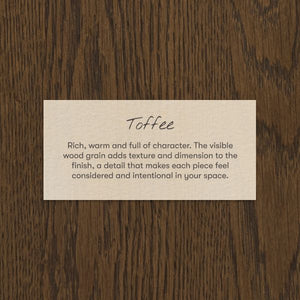 Toffee wood finish swatch with rich, warm grain and dimensional texture