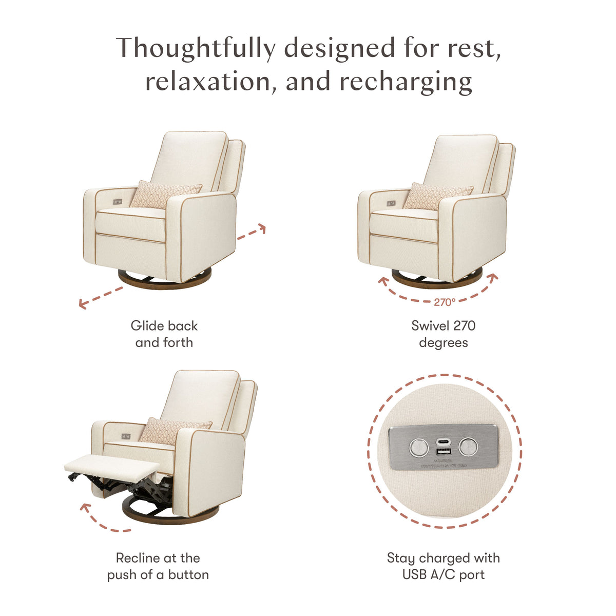 Rest and relaxation feature diagram showing Sigi chair with gliding 270 degree swivel reclining and USB A and C charging
