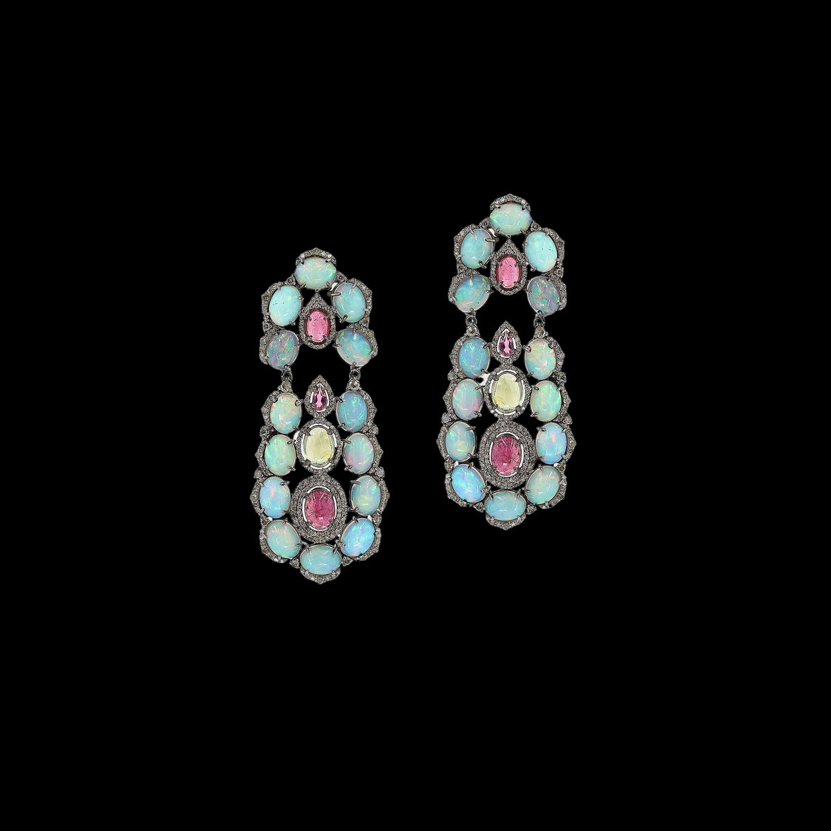 Kamalini Diamond, Pink Tourmaline, and Opal Earrings