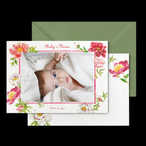 Peonies Birth Announcement with Photo, Set of 50
