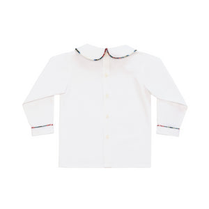 Classic white Peter Pan collar top highlighted with bold Townsend Tartan trim. A signature holiday piece from Henry Duvall’s Holiday Collection.