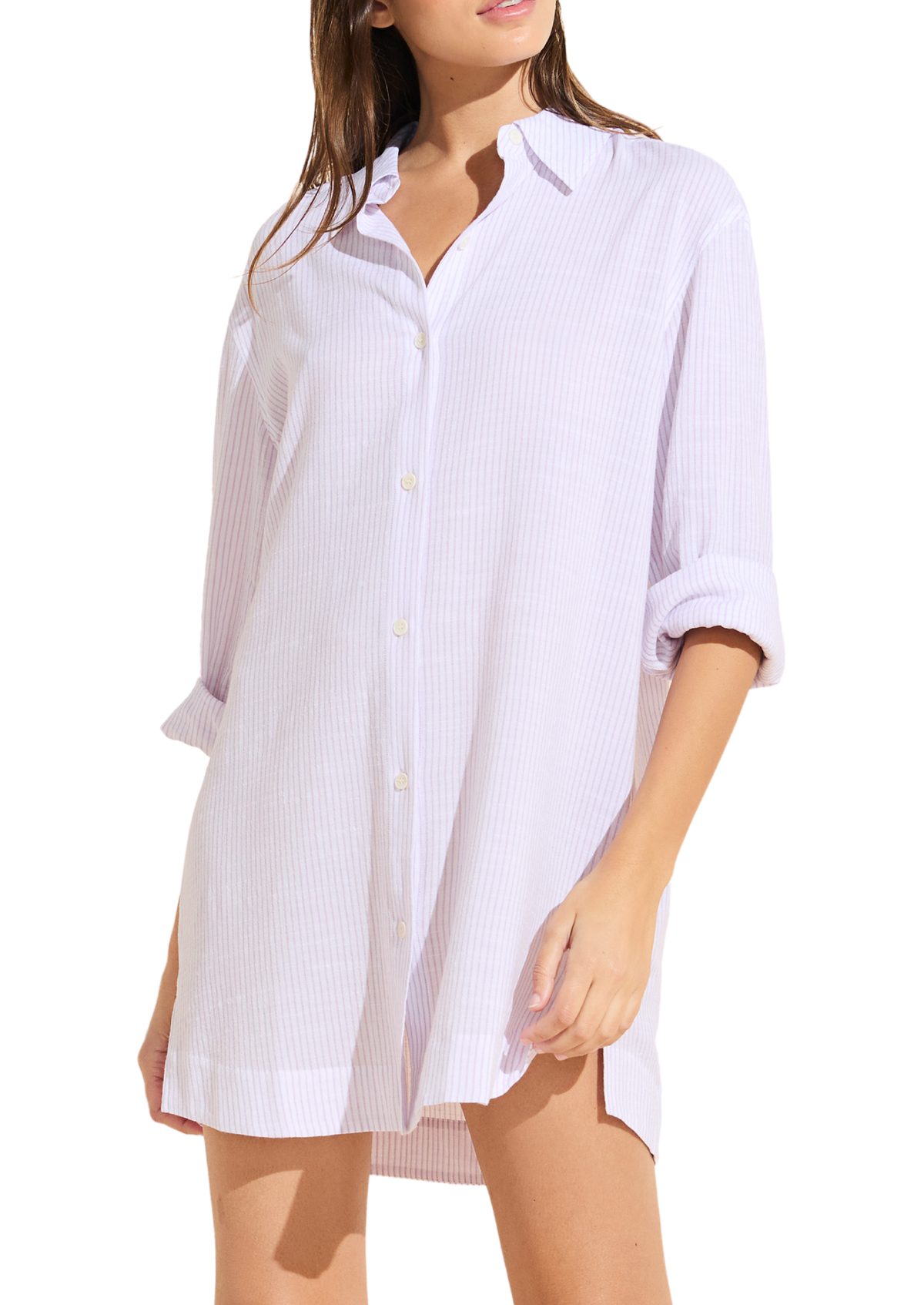 Front view of lavender striped Nautico Sleepshirt with button-down collar and shirttail hem on a model against black background