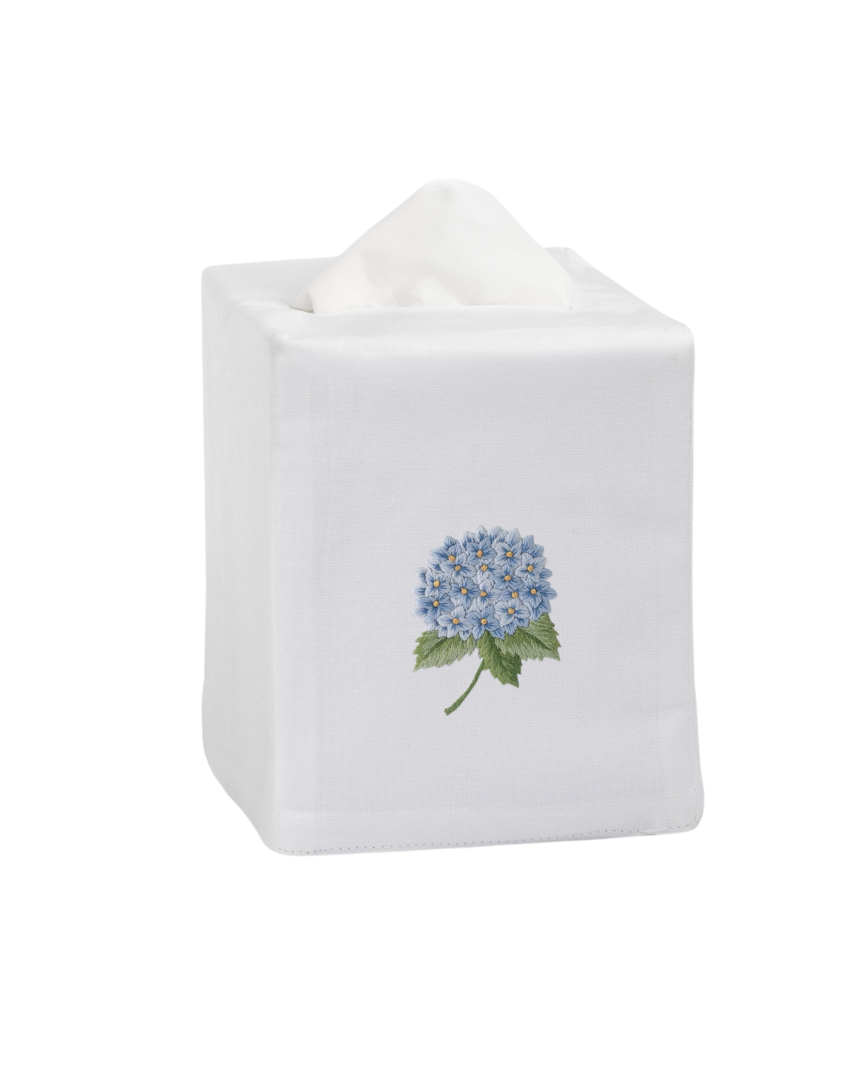 Three-quarter view of Hydrangea Blue Tissue Box Cover showcasing blue hydrangea embroidery with a black background