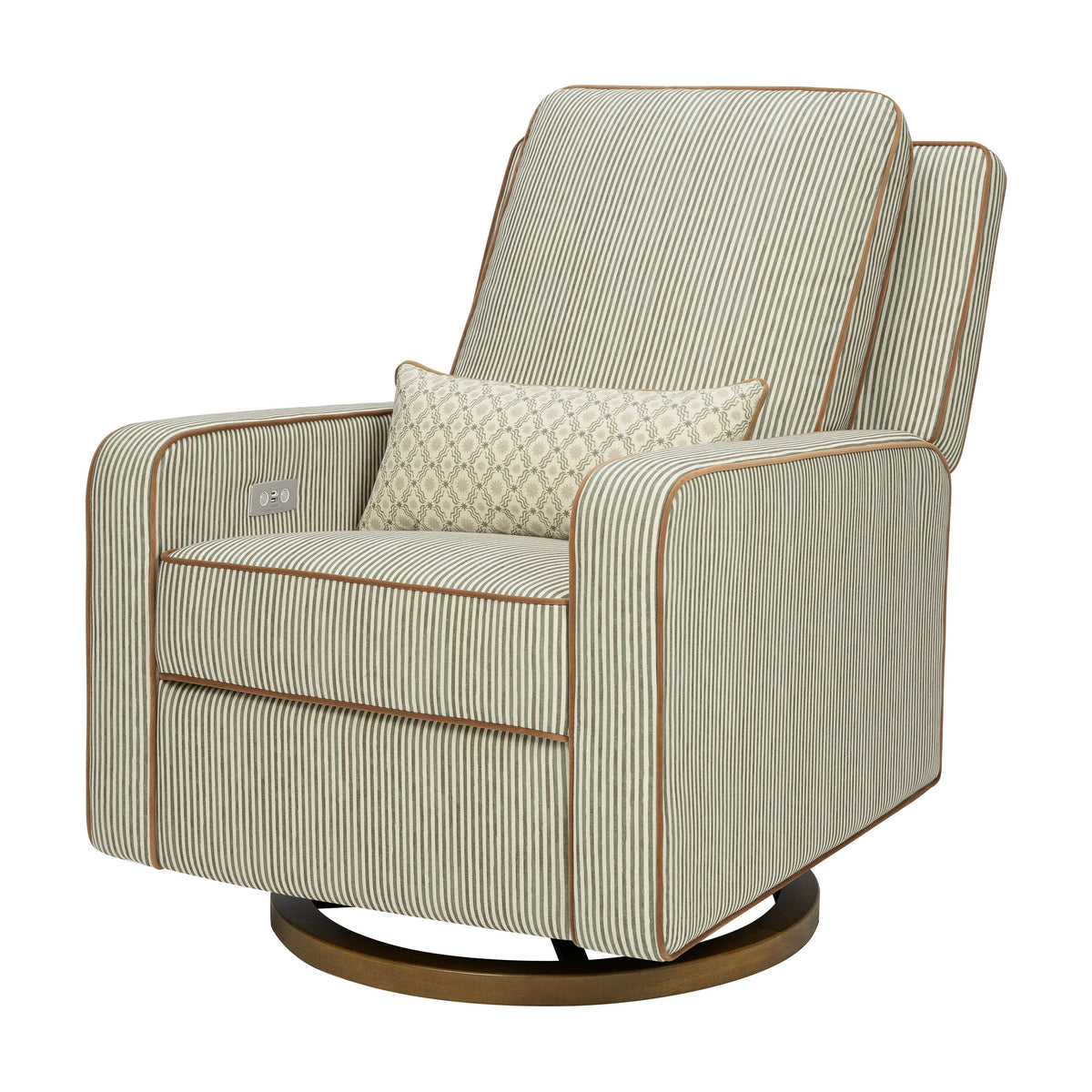Sigi Electronic Recliner and Glider with USB Port by Nate Berkus in Performance Olive Stripe Eco-Crossweave with Toffee Base
