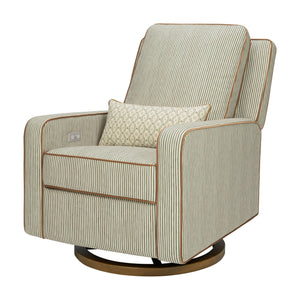 Sigi Electronic Recliner and Glider with USB Port by Nate Berkus in Performance Olive Stripe Eco-Crossweave with Toffee Base