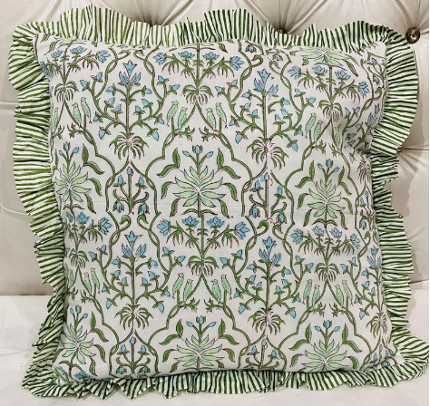 Block Print Boho Cushion Cover With Frill Handmade Cotton Bed Throw Pillows, bohemian pillow cushion cover vintage home decor frill cushion