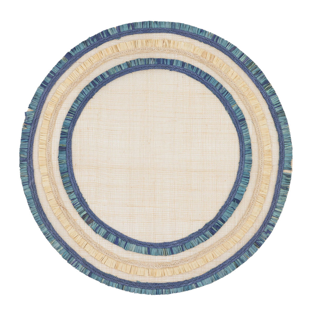 Top view of Ruffle Edge Straw Placemat in Indigo showcasing its woven abaca ruffle edge against a black background