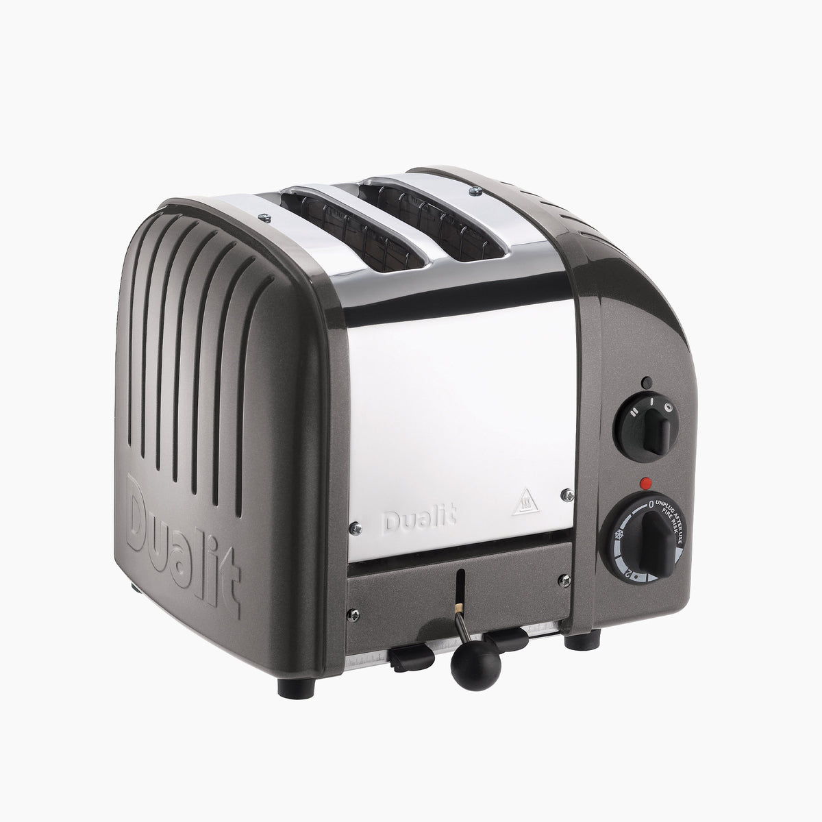Three-quarter view of 2 Slot Classic Toaster in Metallic Charcoal showing two extra-wide slots and mechanical controls on white
