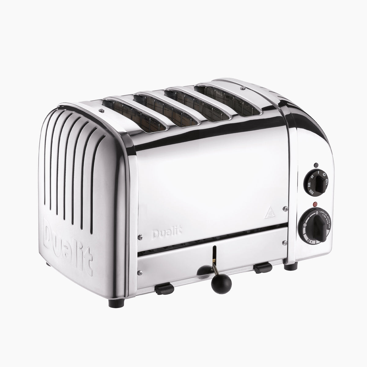 Angled view of 4 Slot Classic Toaster in Polished Chrome showcasing four slots and controls on white background