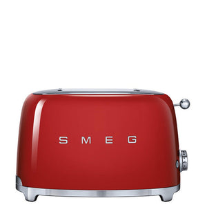 Front view of 2-Slice Toaster in Red showcasing its powder-coated stainless steel body and chrome trim on a white background