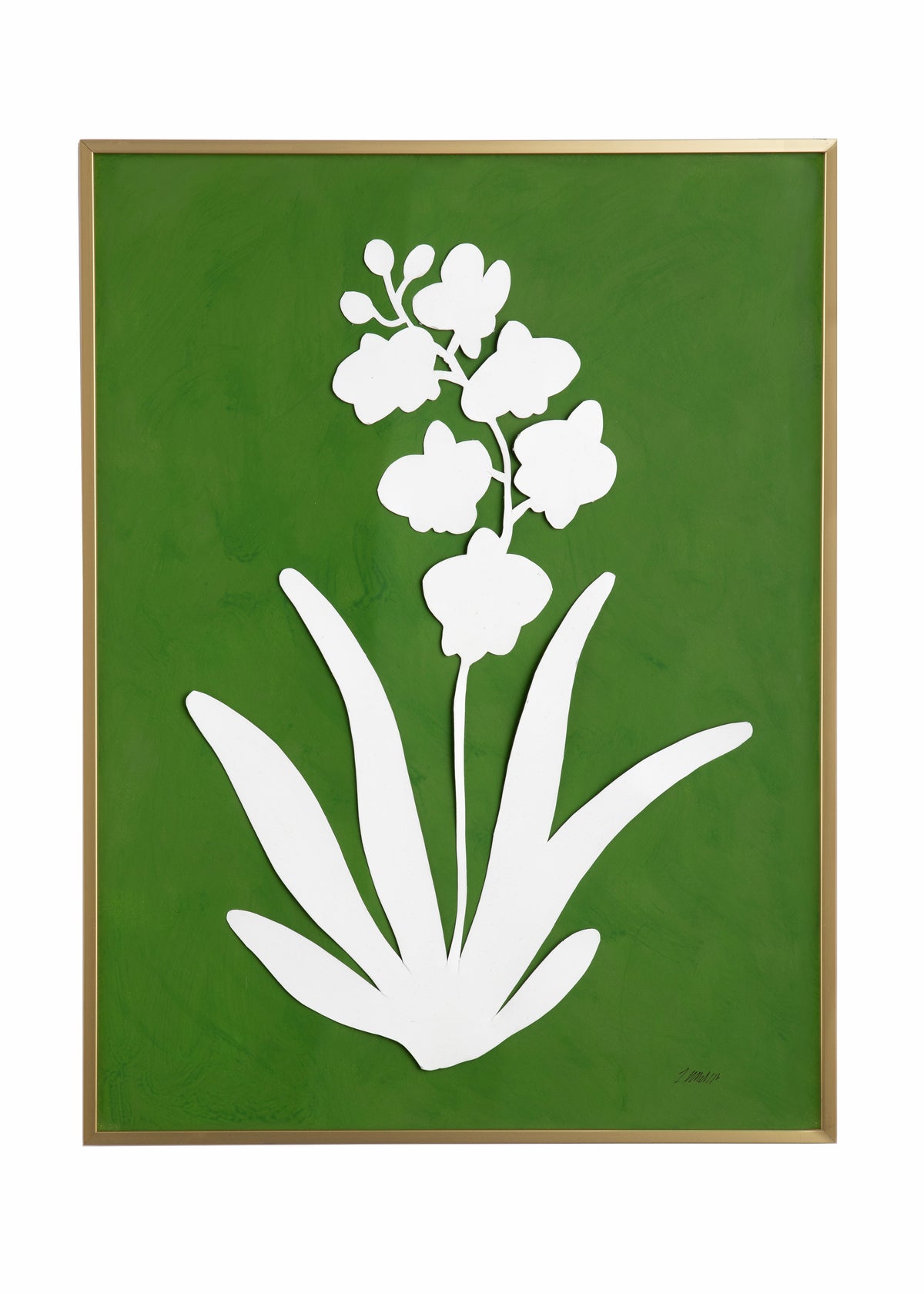 Front view of Framed Orchid Study artwork showing white orchid silhouette on green background with thin gold frame