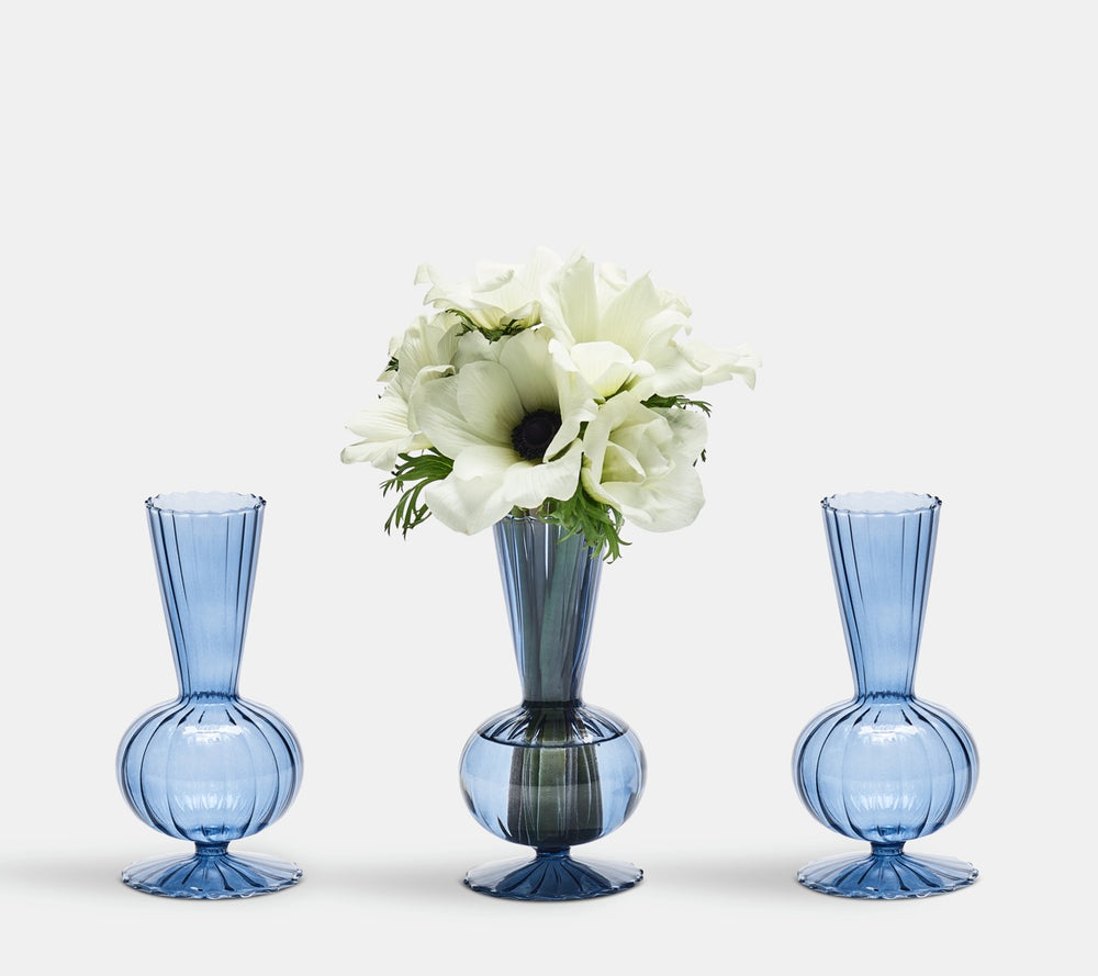 Front view of Tess bud vase set of 3 in Cadet showcasing tapered flute, rounded globe, and scalloped base on white background