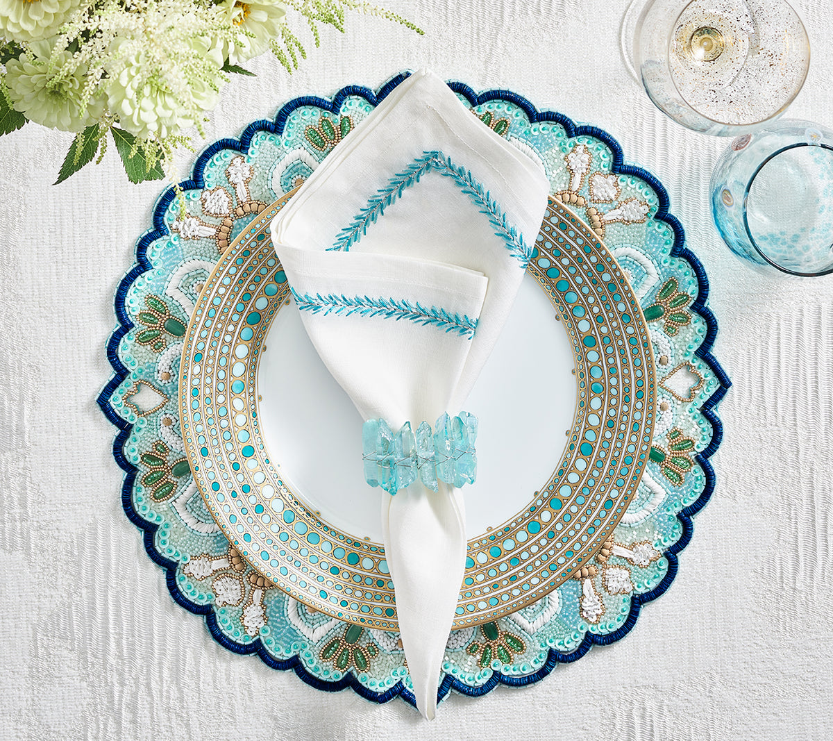 Jardin Napkin in White & Turquoise, Set of 4