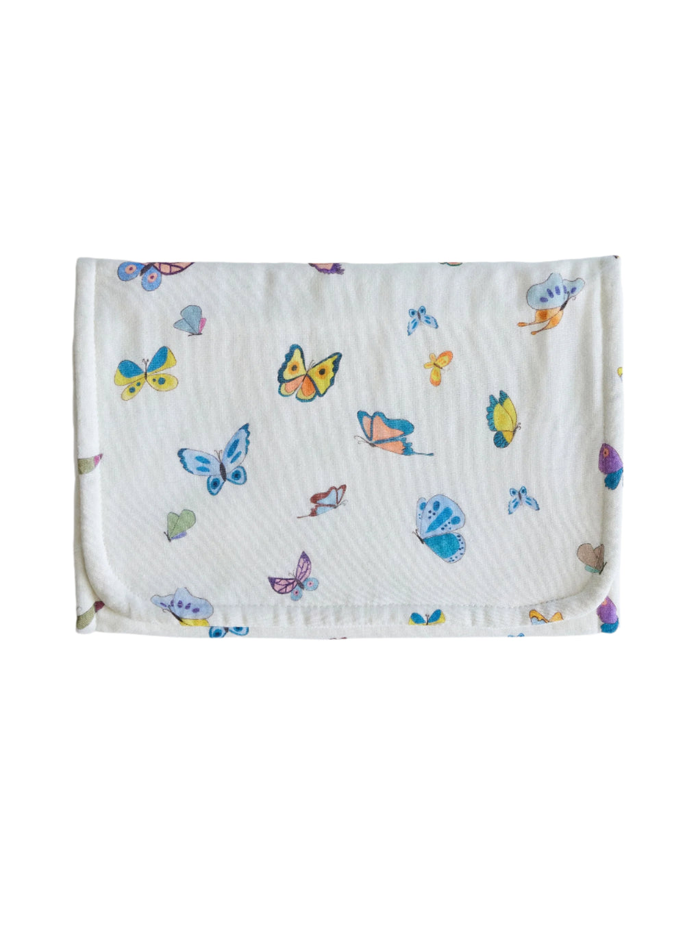 Flat lay of Madame Butterfly burp cloth showing colorful butterfly print on white muslin front against a white background