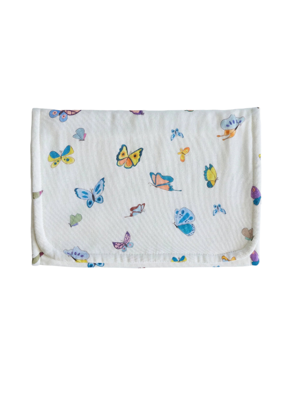Flat lay of Madame Butterfly burp cloth showing colorful butterfly print on white muslin front against a white background