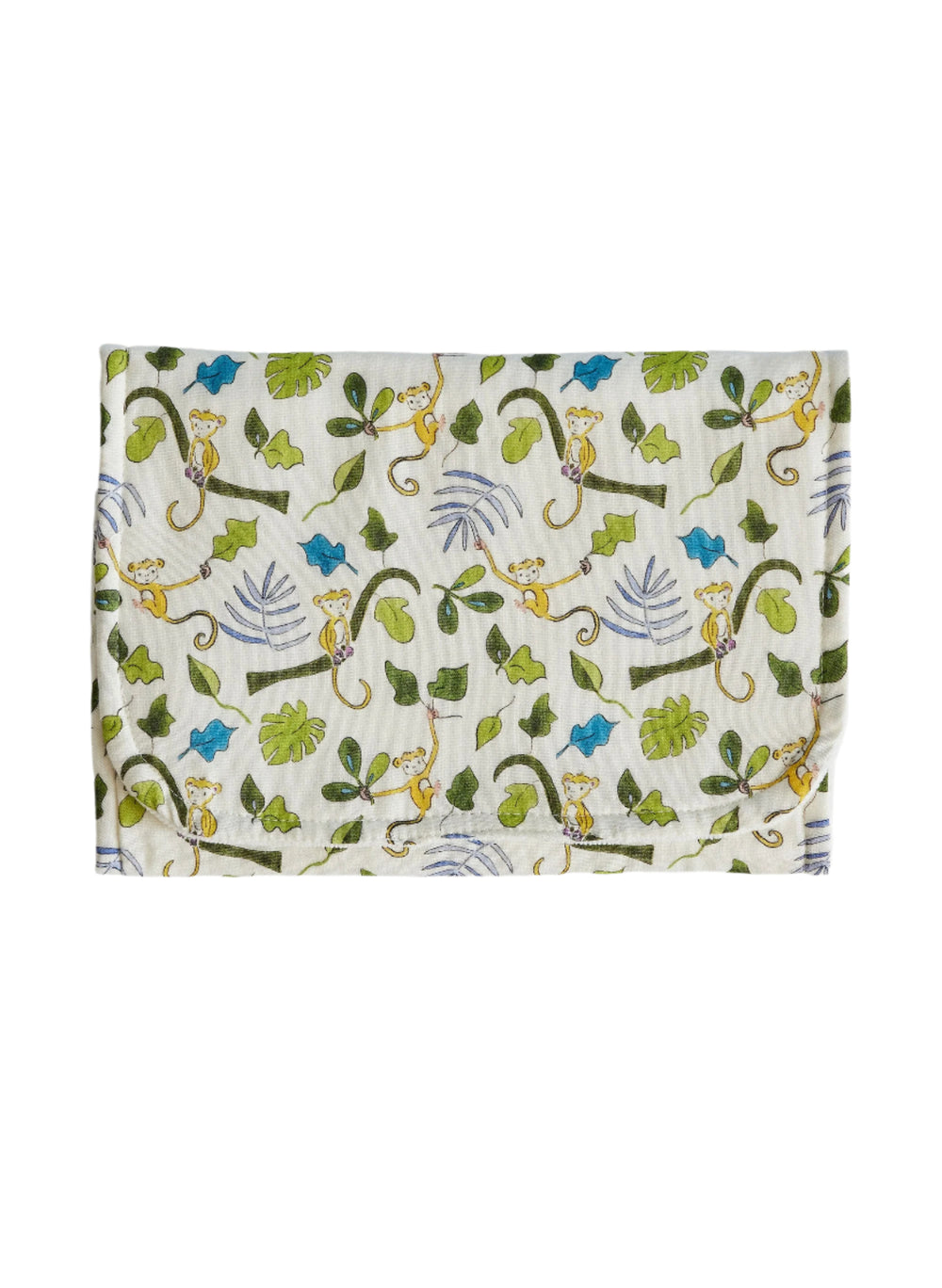 Flat lay of Happy Monkey burp cloth showcasing printed monkey-and-leaf muslin front with plush terry backing on white background