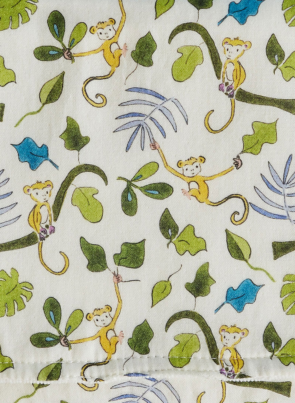 Close-up of Happy Monkey burp cloth showcasing printed muslin front with repeating yellow monkey and green leaf pattern on white background