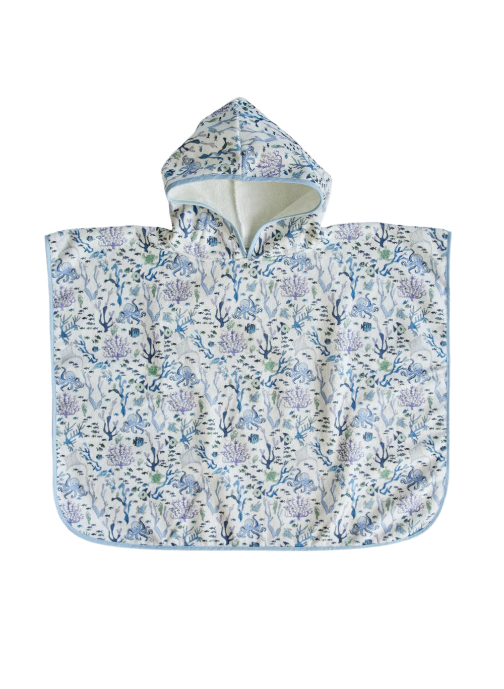 Front view of Coral Reef toddler hooded swim poncho showcasing blue-trimmed hood and coral reef print on white background