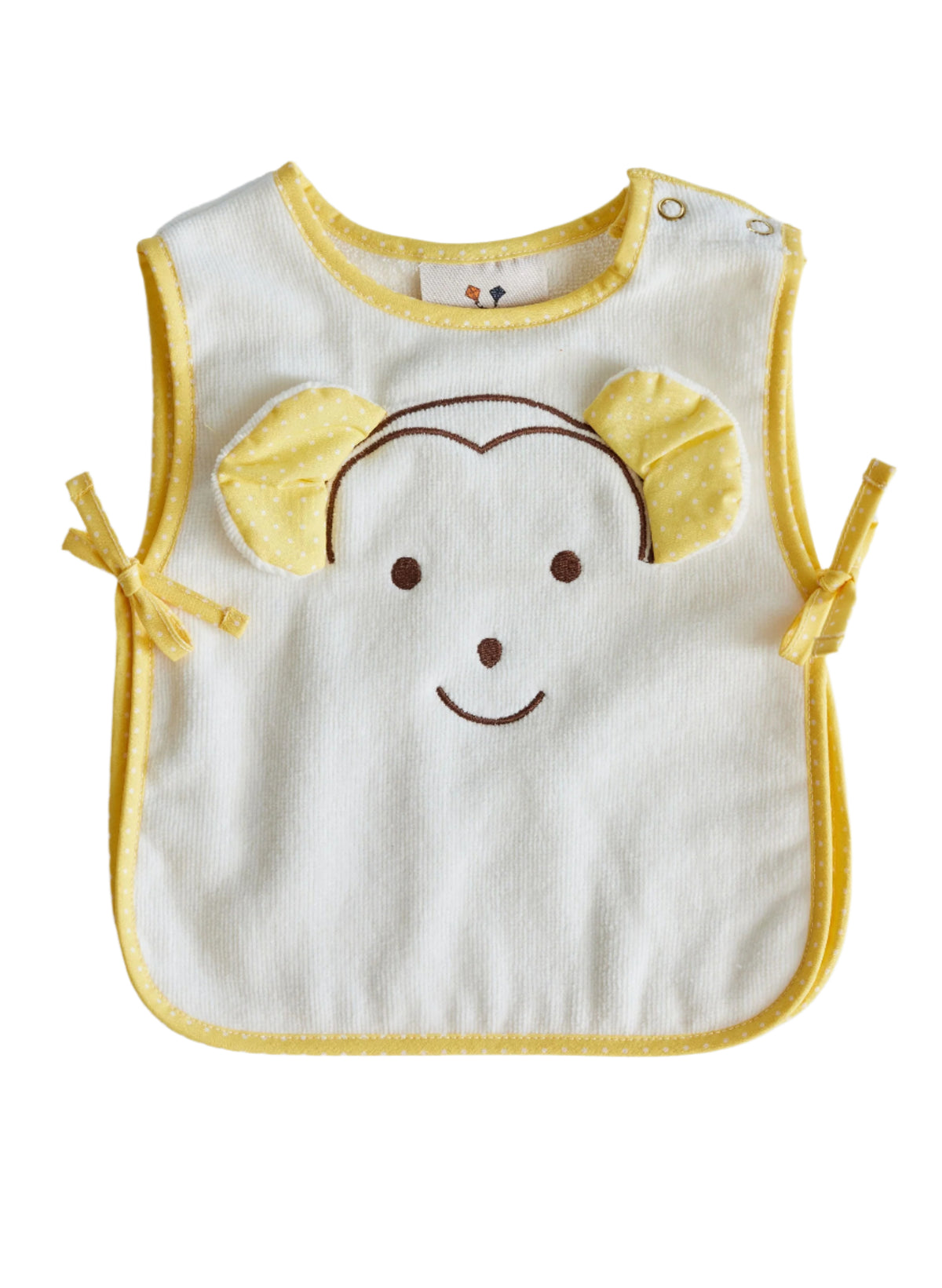 Front view of Playful Monkey Apron Bib showcasing embroidered monkey motif and lemon binding with a white background