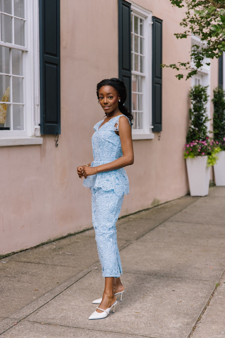 Maesa Organza Floral Dress in Baby Blue