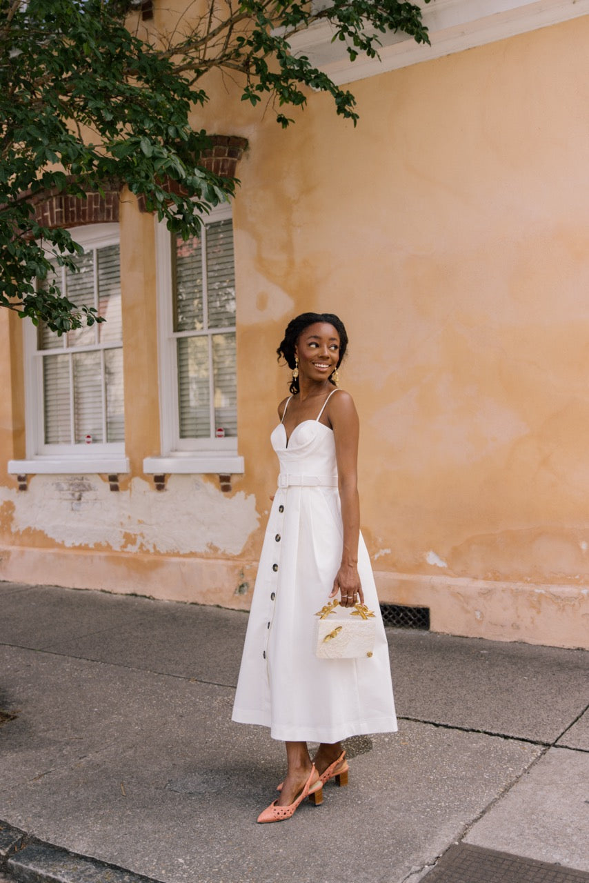 White Ruched Bustier Belted Midi Dress