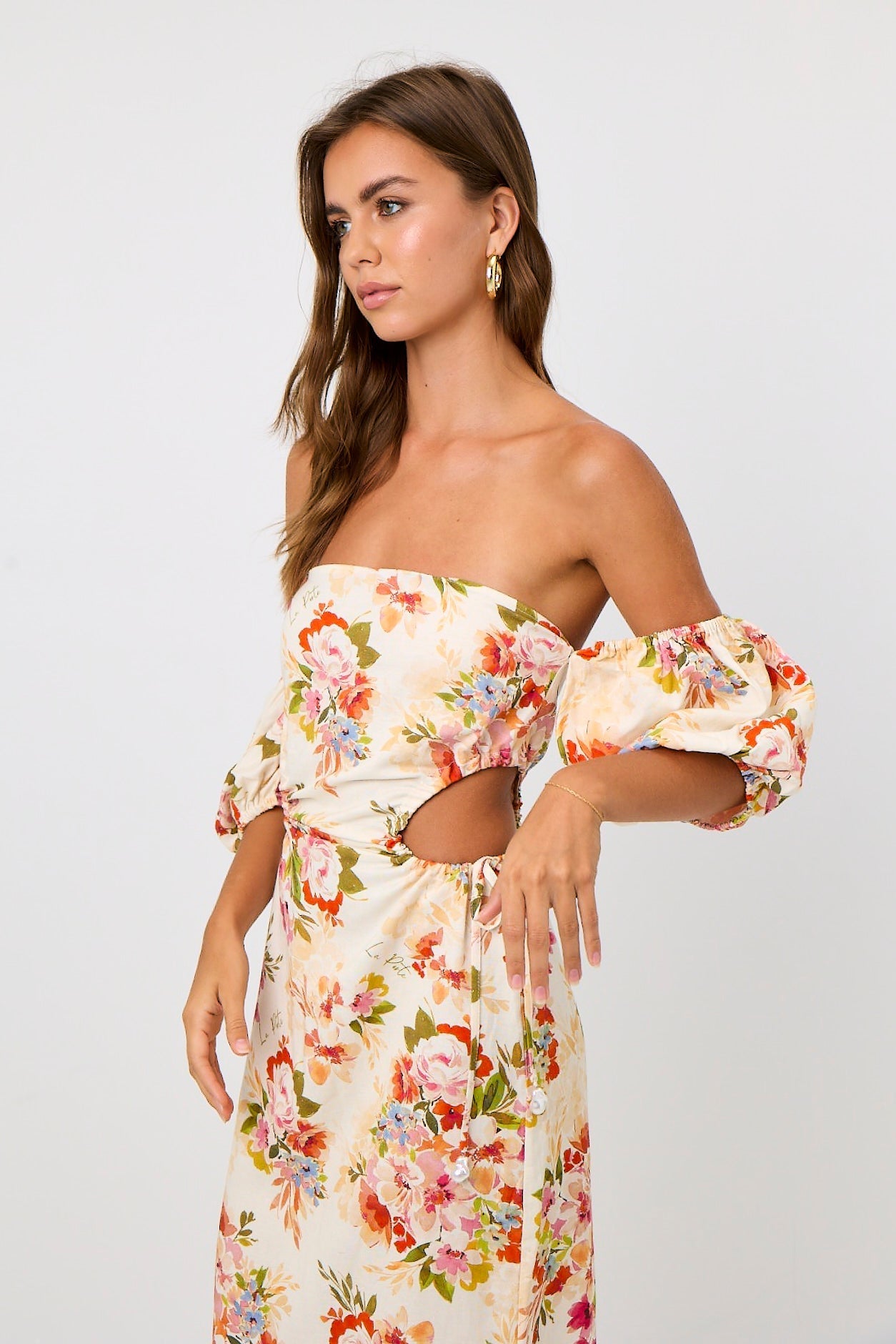 Detachable Sleeve Linen Dress in Peach Floral