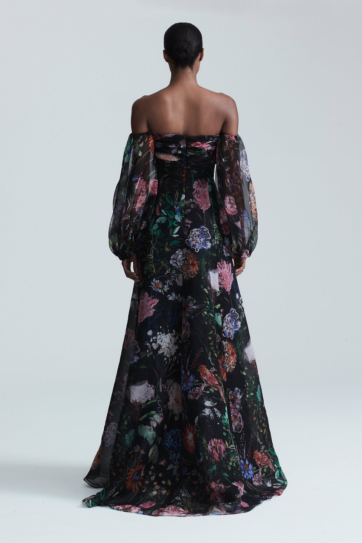 Floral Printed Organza Off-the-Shoulder Gown in Black Multi