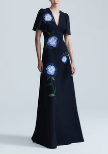 Embroidered Fluid Crepe Flutter Sleeve Gown