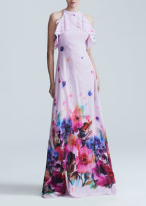 Watercolor Floral Cotton Voile Ruffle Neck Halter Gown
