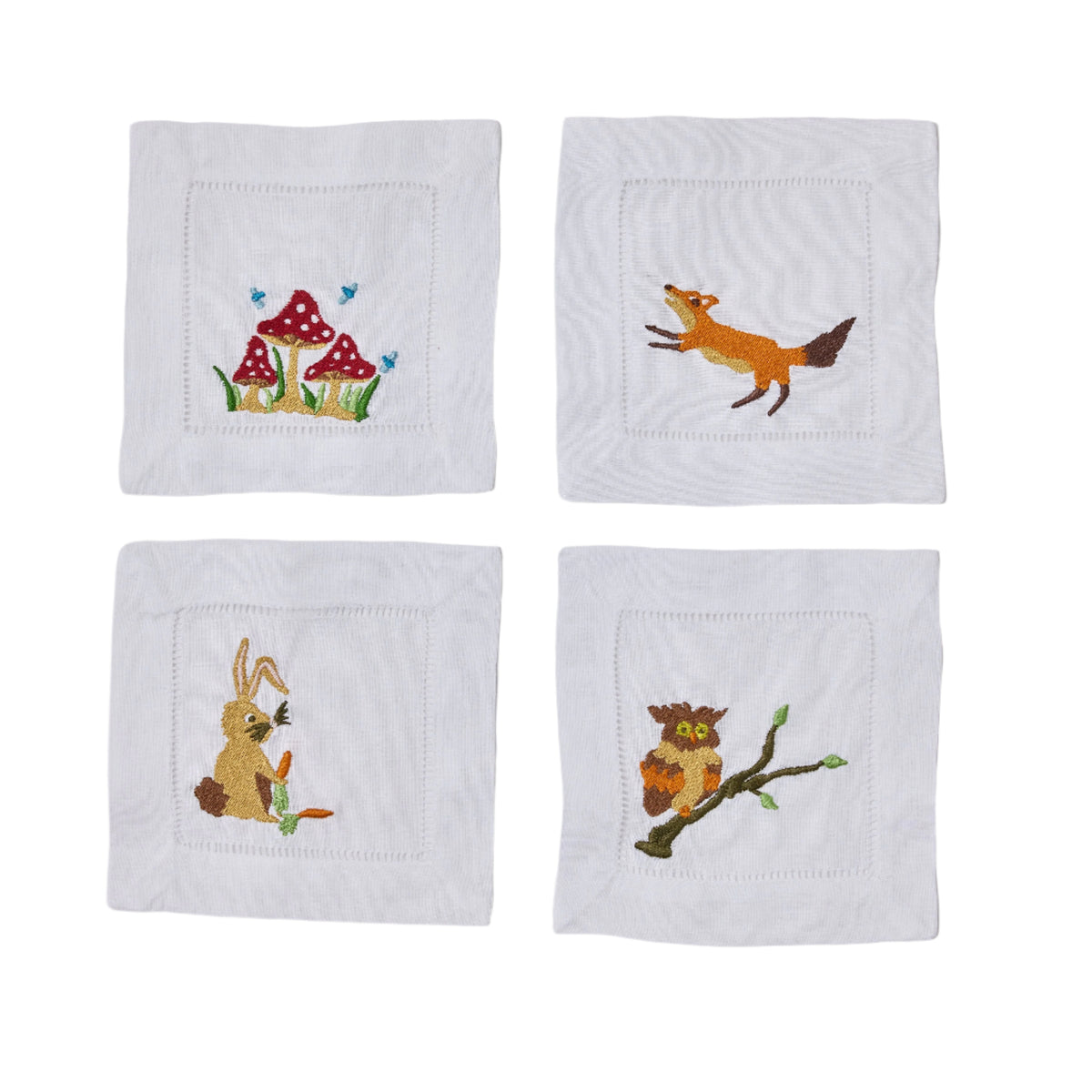 Assorted Woodland Creature Linen Cocktail Napkins, Set of 4