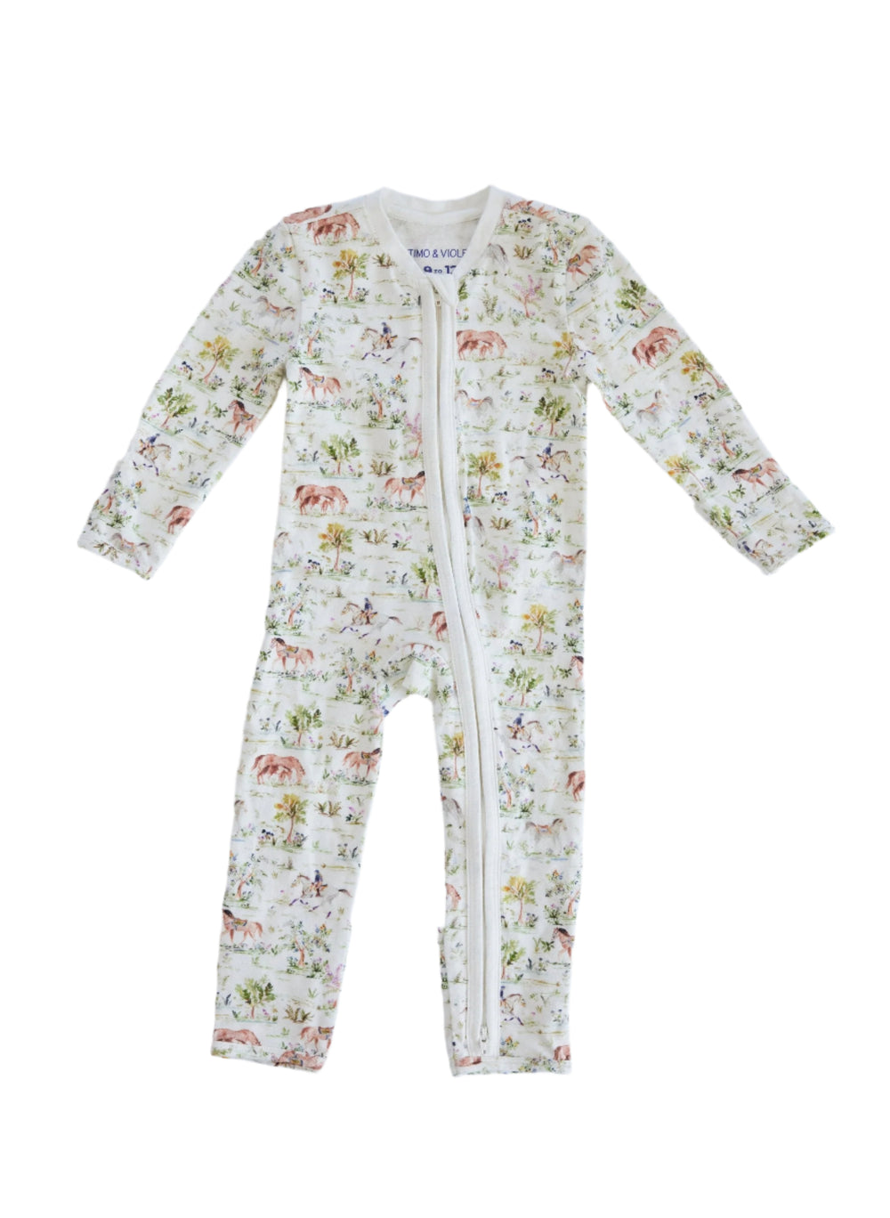Front view of Hunter Pace Horse one-piece showing full-length double zipper, long sleeves, fold-over mitten cuffs, horse print on white background