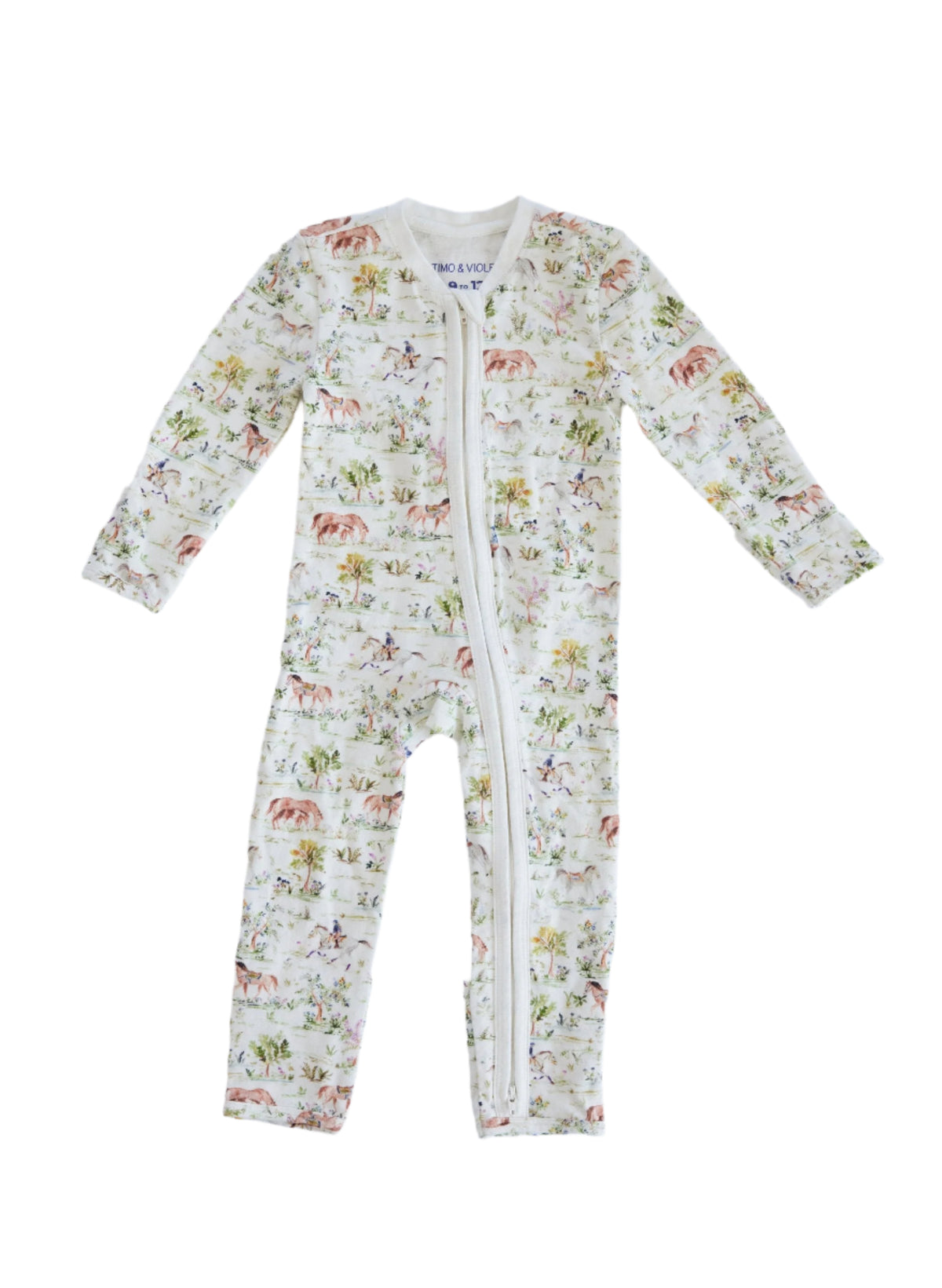 Front view of Hunter Pace Horse one-piece showing full-length double zipper, long sleeves, fold-over mitten cuffs, horse print on white background