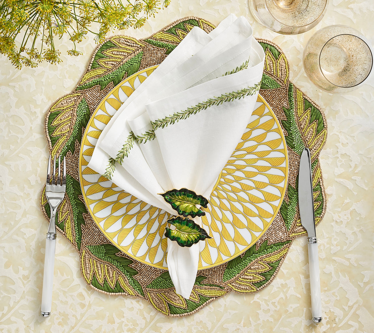 Jardin Napkin in White & Green, Set of 4