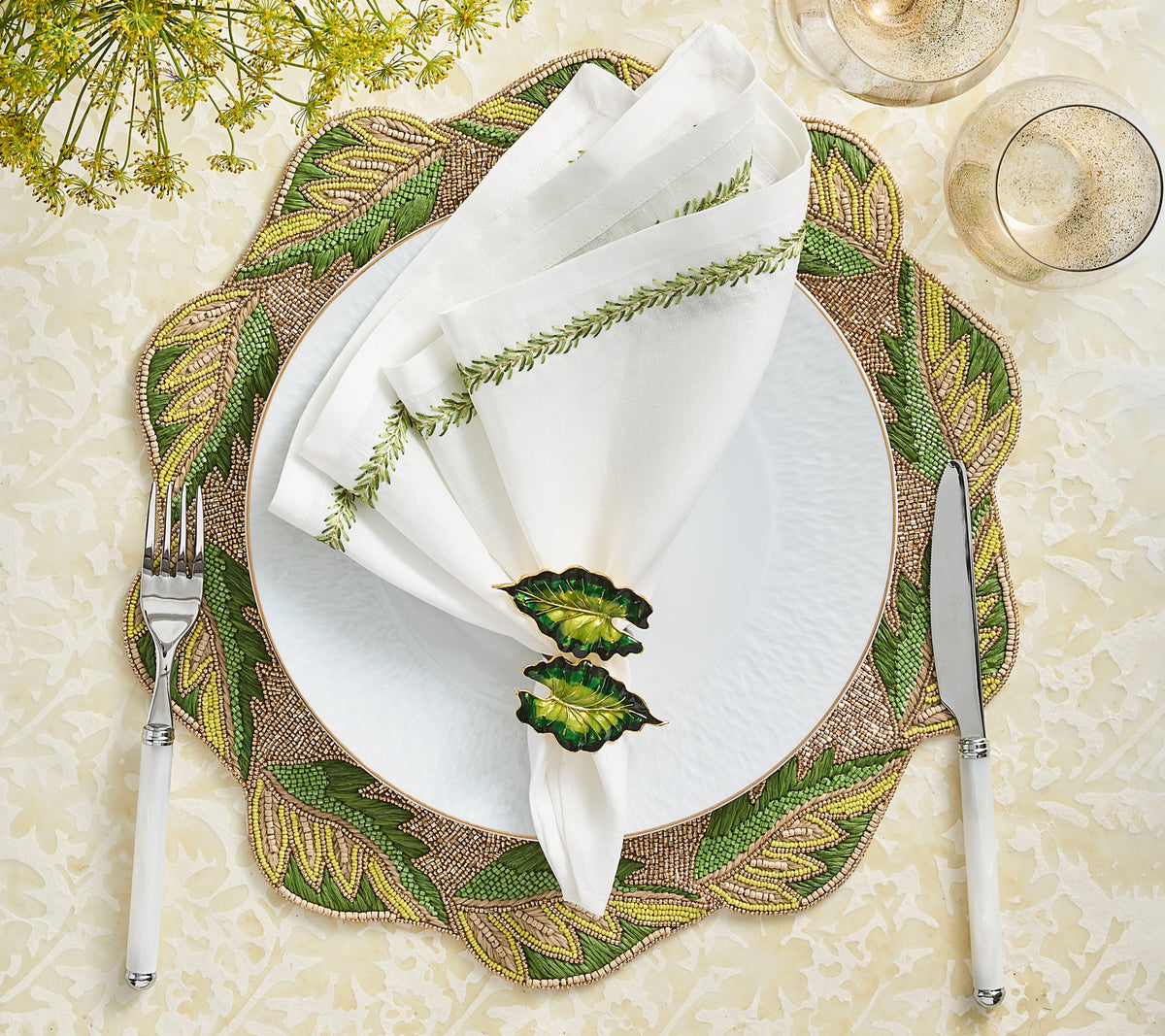 Jardin Napkin in White & Green, Set of 4