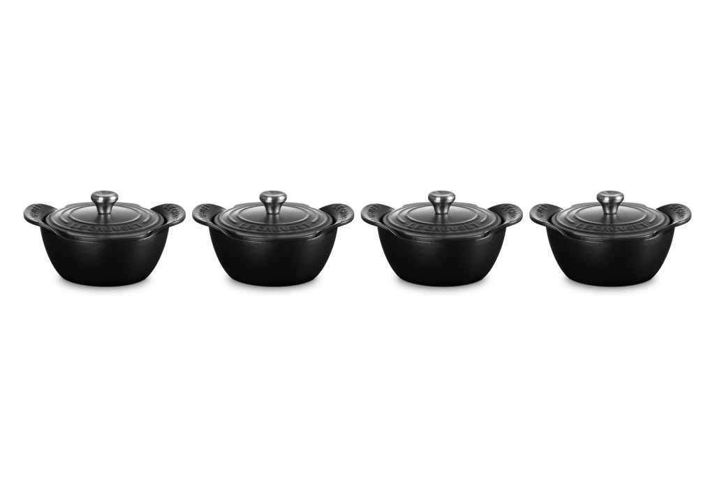 Mini Round Cocotte 1/3 QT in Matte Black with Sterling Silver Knobs, Set of 4