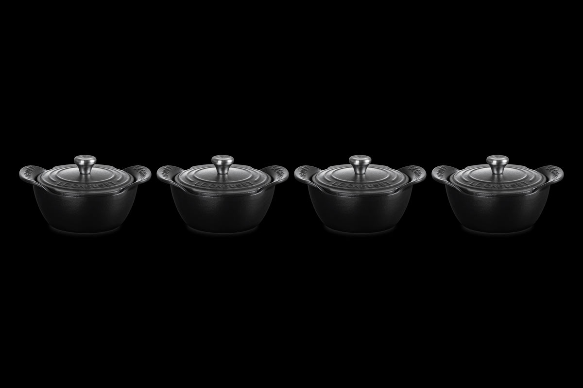 Mini Round Cocotte 1/3 QT in Matte Black with Sterling Silver Knobs, Set of 4
