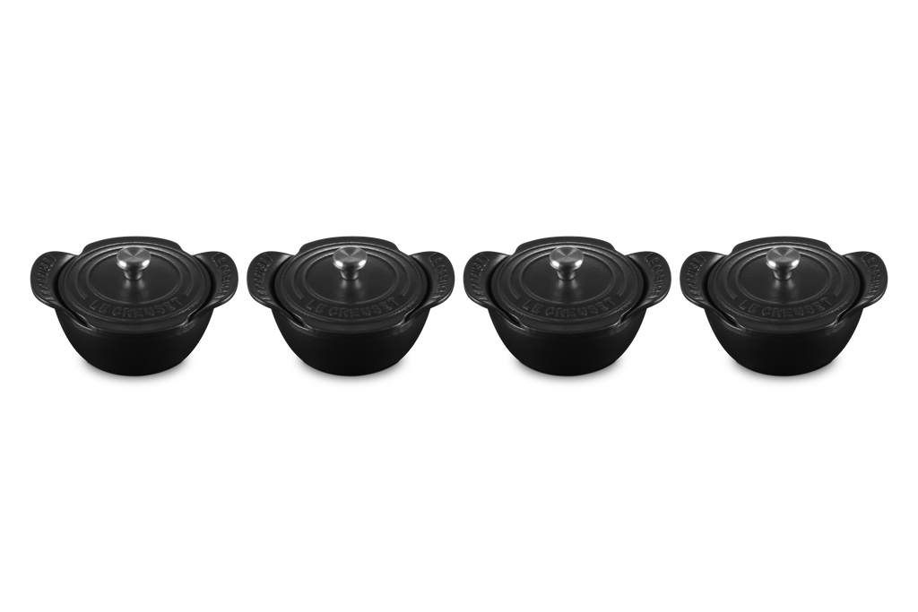 Mini Round Cocotte 1/3 QT in Matte Black with Sterling Silver Knobs, Set of 4